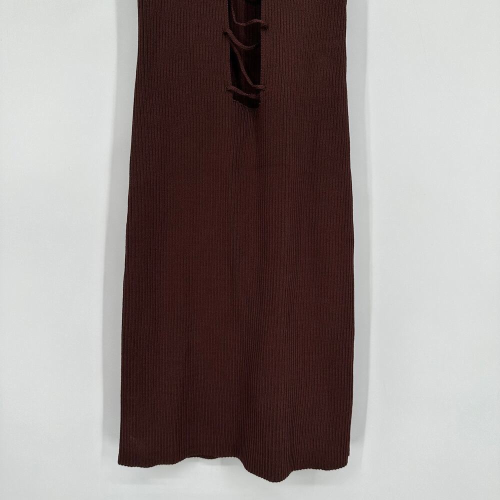 With Jean Amethyst Mini Dress Ribbed Lace Up Mock Neck Sleeveless Bodycon Brown - Picture 8 of 13
